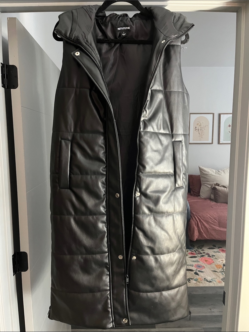 Pretty Little Thing • Women’s Long Black Puffer Vest with Hood